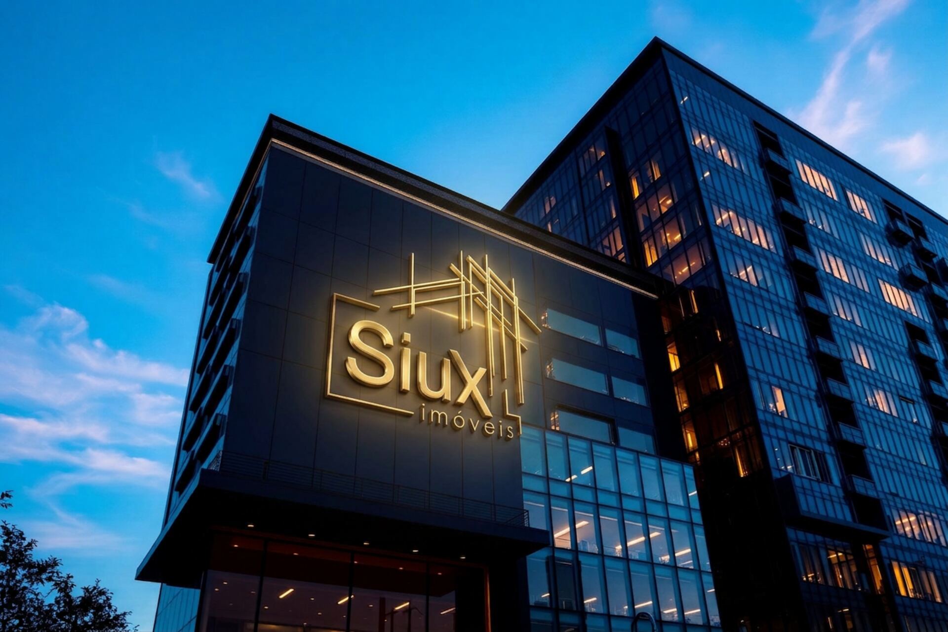 Edifício moderno de luxo com a logo Siux Imóveis integrada à fachada